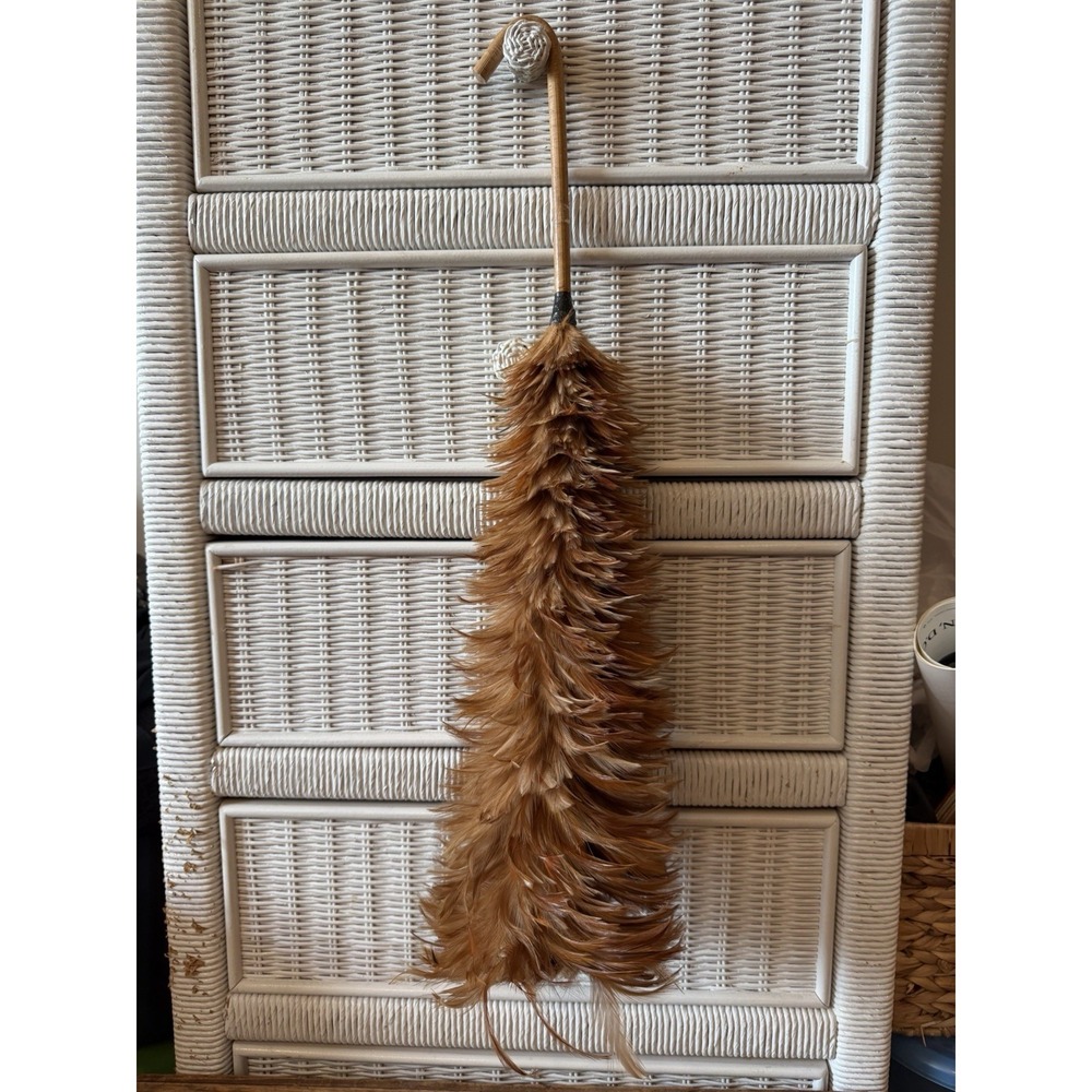 Vintage Chinese Chicken Feather Duster w/ Hooked Bamboo Handle 24-26"